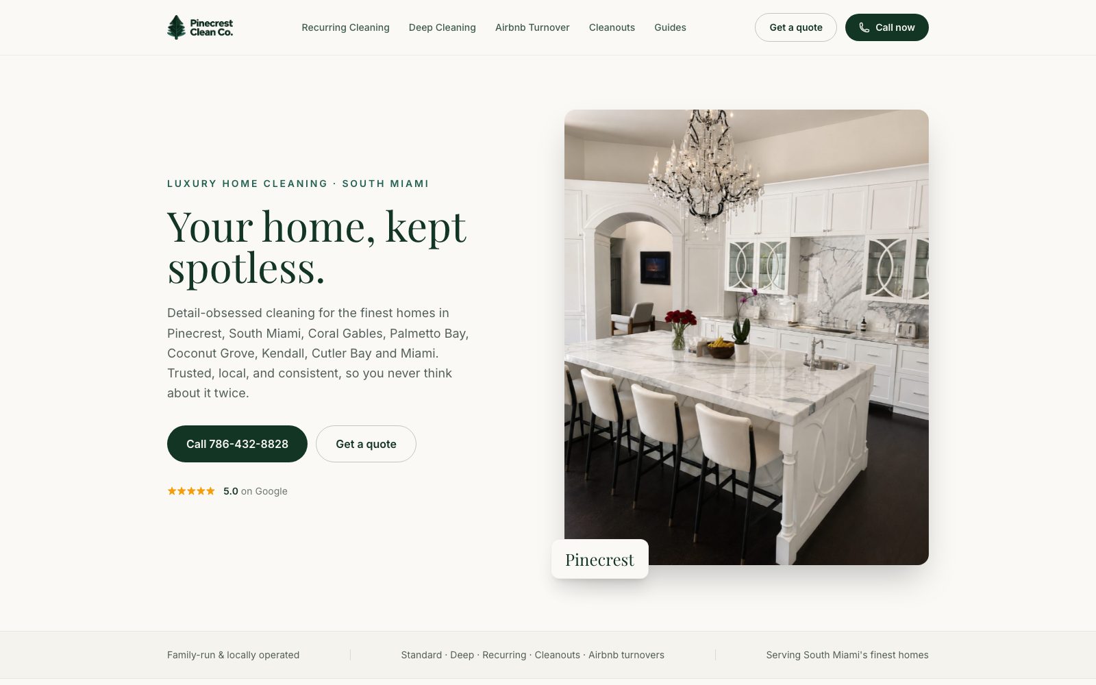Pinecrest Clean Co luxury home cleaning website built by Uprise